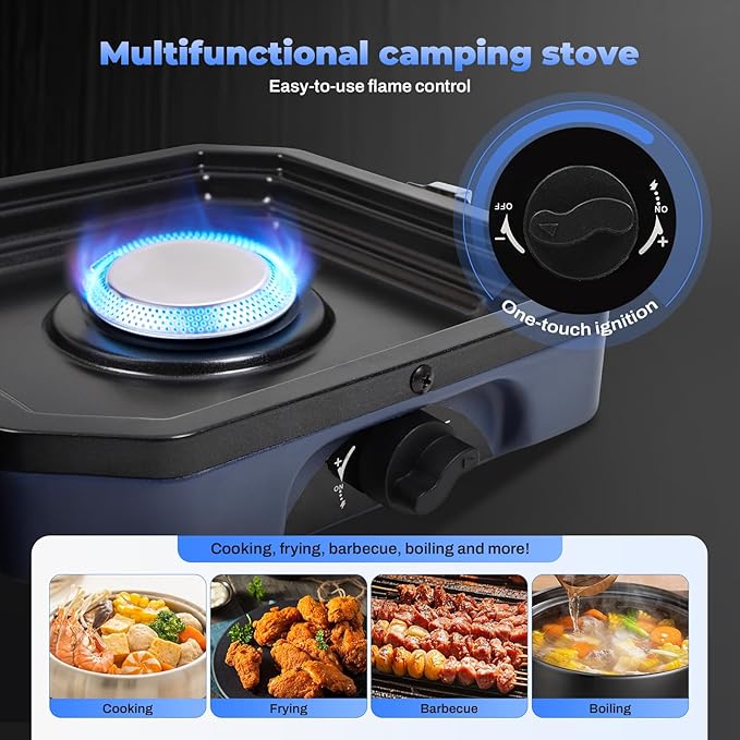 2-Burner Foldable Camping Stove with Griddle and Carrying Bag，16000 BTU Portable Propane Camp Stove with 2 Adjustable Burners & Piezo Ignition, for Camping, Home Backyard, Frying Turkey, Blue