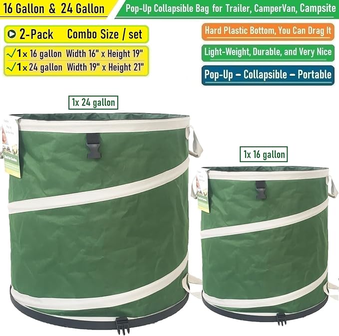 16 Gallon and 24 Gallon Collapsible Trash Can Solid Bottom for Pop-Up Trash Can,Recycling Bin,RV Camping Waste Bin,Laundry Hamper,Yard Waste Bag,Garden Debris Bag,Lawn Grass,Yard Weeds Bags,Leaf Bags
