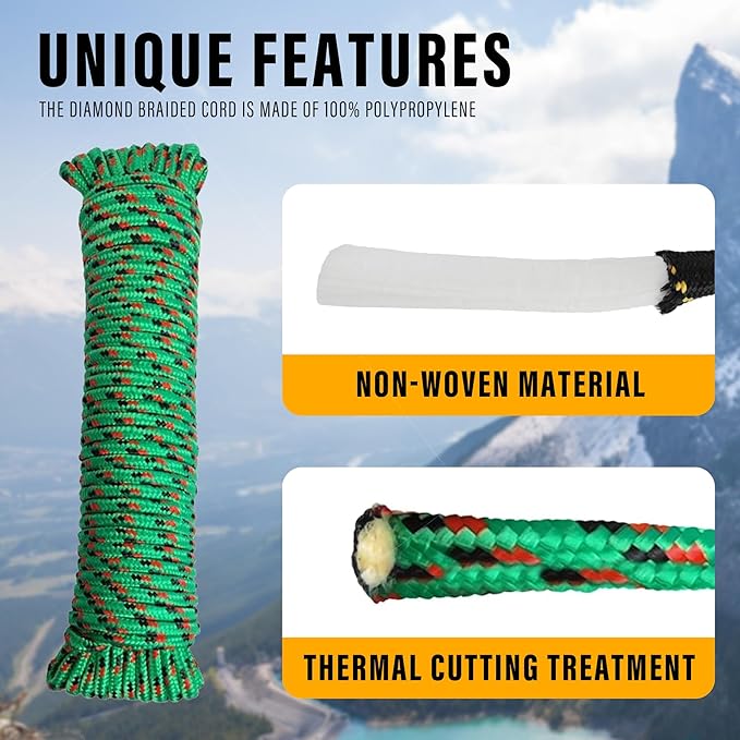 Diamond Braided Polypropylene Rope Nylon Rope Mix Thick Heavy Duty Ropes 3/8 inch 100ft High Strength Perfect for Clothesrope Camping Hiking and Other Outdoor Activities 100ft Green