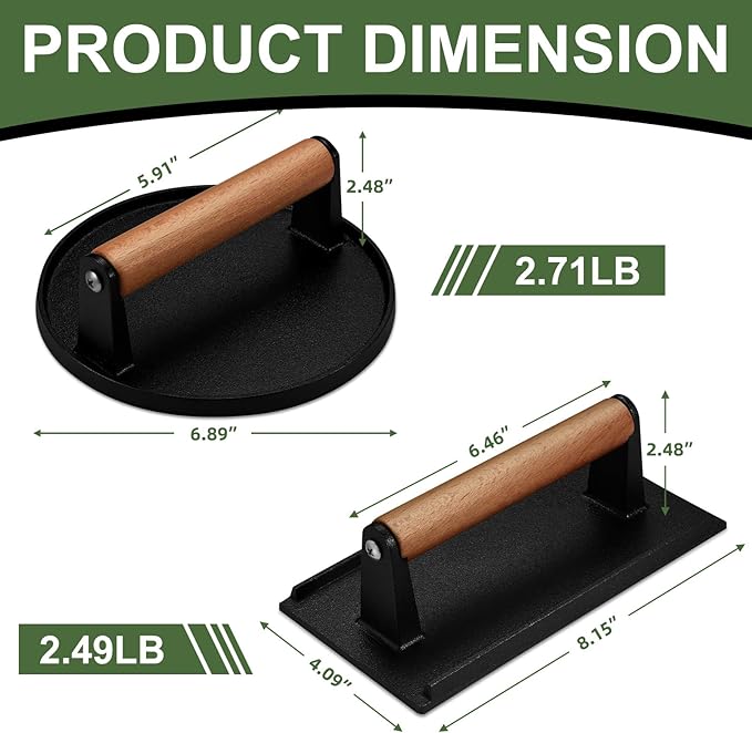 EWFEN Cast Iron Smash Bacon Press Meat Steak with Wood Handle, Burger Press(Round & Rectangle with Flat Bottom)