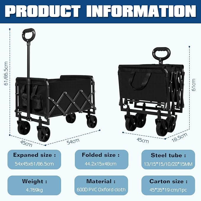Collapsible Wagon Cart Foldable, Portable Heavy Duty Collapsible Beach Cart All Terrain with Large Capacity, Garden Wagons with Wheels for Shopping, Sports, Camping，Garden，Grocery