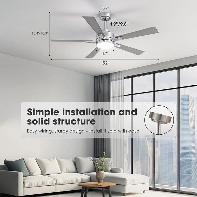 Ceiling Fan with Light, 52" Modern Low Profile Ceiling Fan with Light, DC Reversible Motor, Smart APP & Remote Control, Whisper Quiet, Dimmable LED for Bedroom/Living Room
