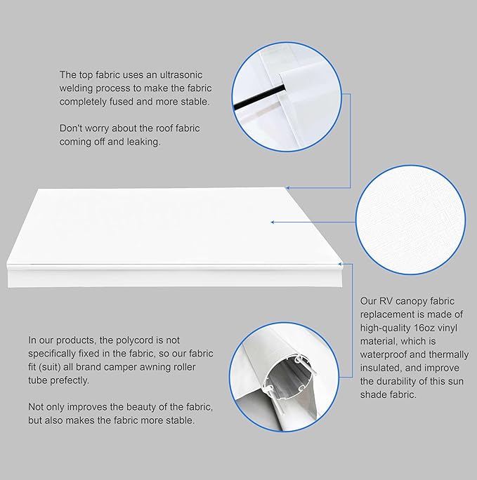 AWNLUX-RV Awning Fabric Replacement - Heavy Duty Weatherproof 4-Ply Vinyl Camper Awning Fabric - Universal Outdoor Canopy for Camper, Trailer, and Motorhome Awnings - Solid White - 20' (Fabric 19'2")