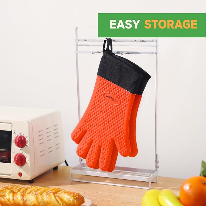 GEEKHOM BBQ Gloves Heat Resistant Oven Mitts - Silicone Grilling Gloves with 13.7" Arm Protection - Waterproof Pot Holder Non-Slip for Men & Women, Kitchen Outdoor Cooking, Baking, Camping, Orange