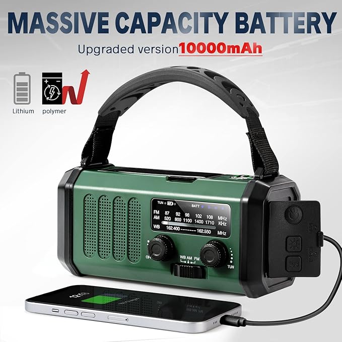 10000mAh Hand Crank Emergency Radio, NOAA Weather Radio with AM/FM & solar Radio, Rechargeable Battery, Flashlight & Reading Light, SOS Alarm, Compass Cell Phone Charger for Indoor Outdoor Emergencies
