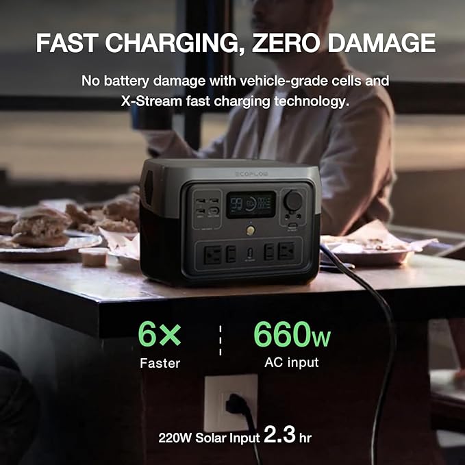 EF ECOFLOW Portable Power Station River 2 Max 500, 499Wh LiFePO4 Battery/ 1 Hour Fast Charging, Up to 1000W Output Solar Generator (Solar Panel Optional) for Outdoor Camping/RVs/Home Use
