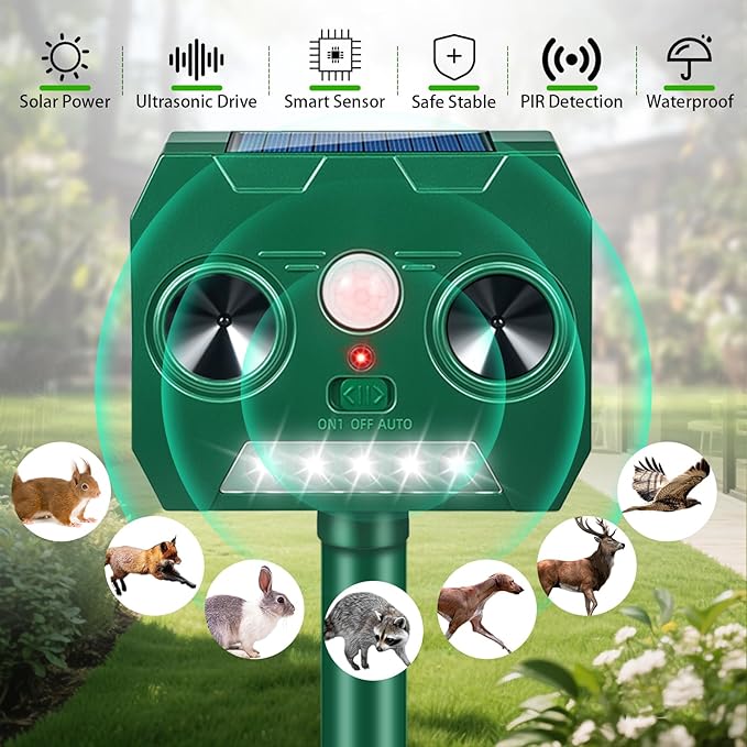 2 Packs Solar Ultrasonic Animal Repeller Outdoor Cat Repellent, Solar Deer Repellent Devices with Strobe Lights Motion Sensor Animal Deterrent,Keep Raccoon Squirrel Skunk Rabbit Out of Yard Garden