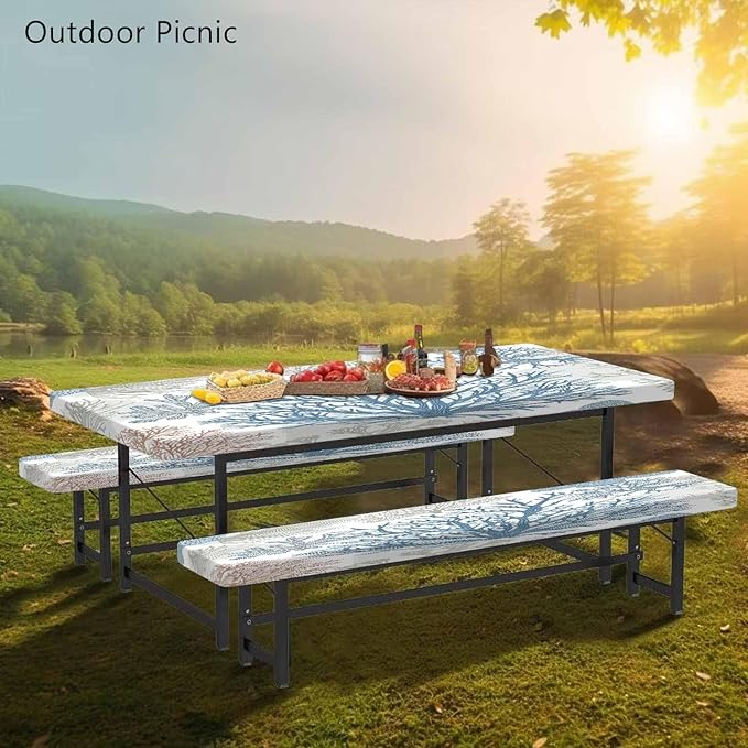 CAPSCEOLL Fitted Picnic Table Cover with Bench Covers with Elastic 6Ft Waterproof Camping Picnic Table Cover Cloths for Outdoors Camping Tablecloth with Drawstring Bag, 72X30in, Blue Sea