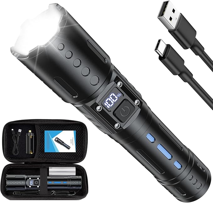 EDC Flashlights 2000 High Lumens Rechargeable - Long Beam Small Pocket LED Tactical Flashlight with Memory Function&Stepless Dimming&Power Display& IPX5 Waterproof for Emergency, Camping, Home