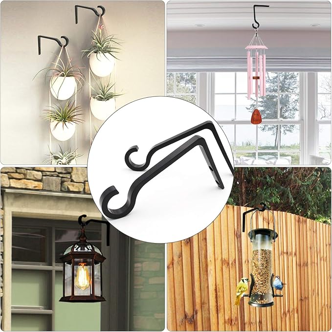 4Pack Hanging Plant Bracket 6inch Metal Plant Hook Shepherds Hook Decorative Wall Plant Hanger for Hanging Lanterns, Bird Feeder, Flower Basket, Home Decor Indoor & Outdoor (Black)