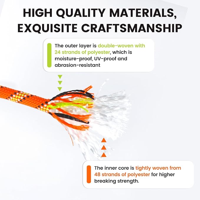 1/2inch 100ft Double Braid Polyester Rope, 48 Strands, 5290lbs Breaking Strength, Orange Arborist Rigging Rope for Various Indoor Outdoor Use Hiking Camping Swing Sailing