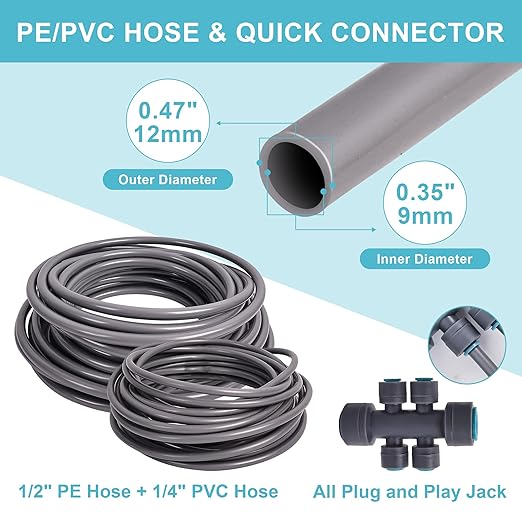 Drip Irrigation System, Fast Connect Automatic Watering Kit with 12mm & 6mm Tubing, DIY Adjustable Garden Irrigation for Greenhouse, Flower Beds, Patio & Lawns (98 Feets)