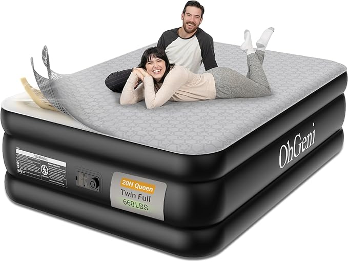 OhGeni 20" Luxury Queen Air Mattress with Built-in Pump, Inflatable Bed with Silk Foam Topper for Superior Comfort, Premium Blow-Up Mattress for Home, Camping & Guest, Easy Setup, Extra Support, Black