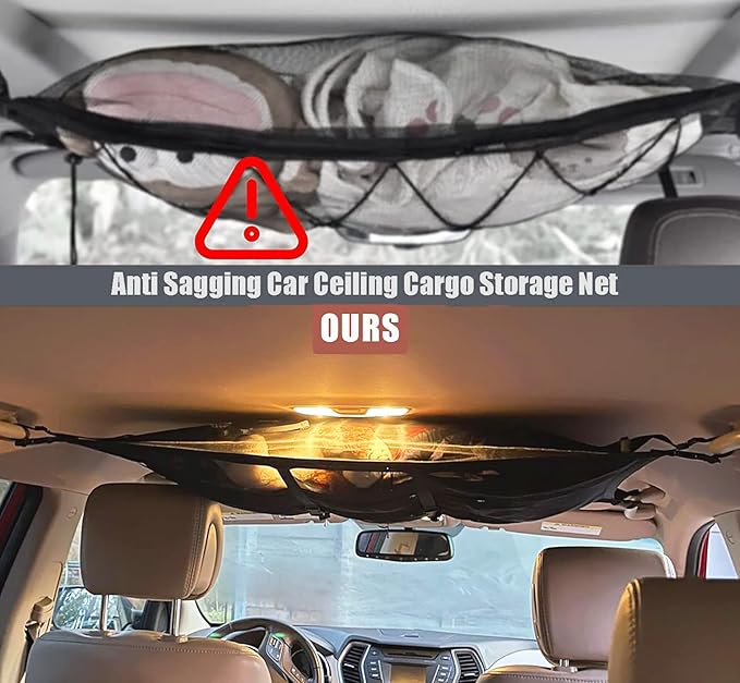 Car Ceiling Cargo Net Pocket, 31"x20" Double-Layer Mesh Car Roof Storage Organizer Strengthen Load-Bearing and Reduce Sagging Cargo Net Truck SUV Long Road Trip Camping Interior Accessories
