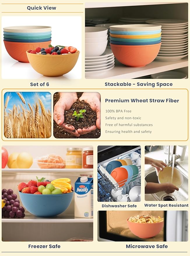Homienly Wheat Straw Bowls Set of 6, 40 OZ Cereal Bowls for Kitchen, Unbreakable Soup Bowl with Unique Texture, Alternative to Plastic Bowl for Decoration, Microwave & Dishwasher Safe, Reusable,Multi