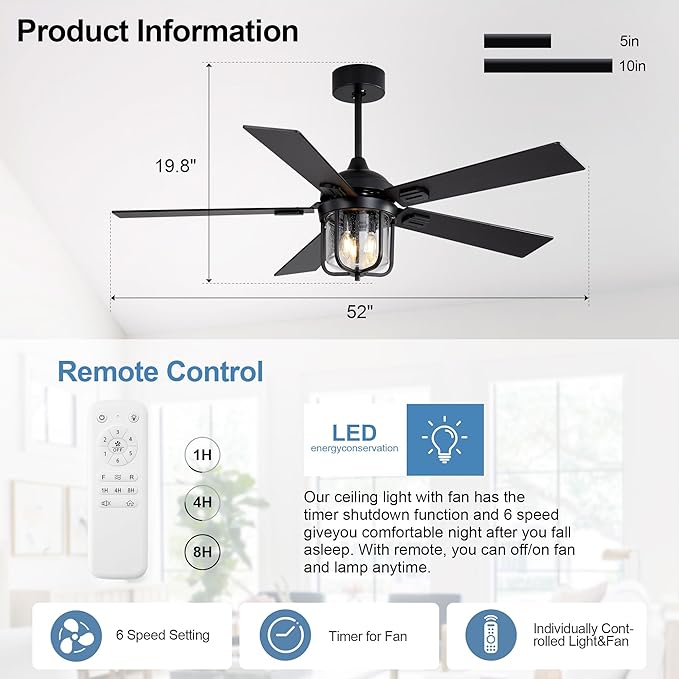 52 Inch Outdoor Ceiling Fan,IP65 Waterproof and Moisture-Proof Ceiling Fan,with Light and Remote Control,6-Speed Reversible DC Motor,Suitable for Pavilions and Terraces.Black