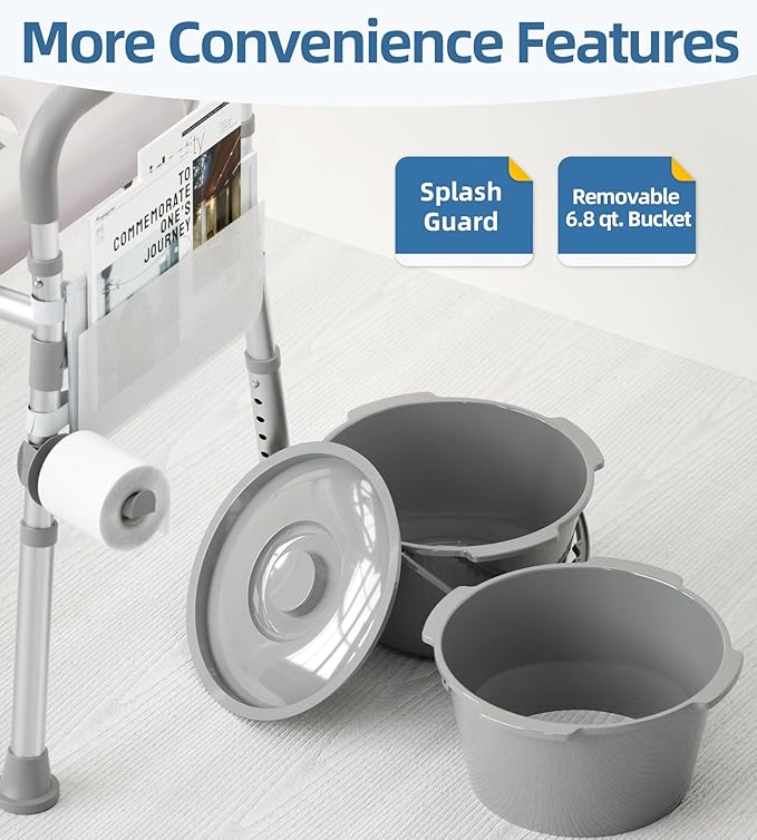 Bedside Commode with Padded Seat and Backrest, Aluminum Commode Toilet with Bucket, Easy Cleaning Portable Toilet for Adults and Seniors, 350 lb Capacity Enhanced Crossbar