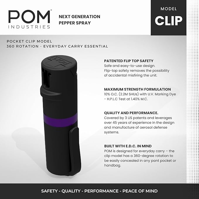 POM Pepper Spray Pocket Clip, Quick Flip Top Safety, Maximum Strength OC Formula with UV Marking Dye, Safe Compact and Tactical Design for Everyday Carry, 25 Bursts, 10 ft Range, 0.5 fl oz