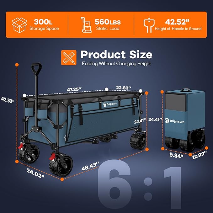 48" L Collapsible Wagon Cart Foldable, 560LB Weight Capacity 300L Heavy Duty Folding Beach Wagons with Big All-Terrain Wheels, Utility Carts for Groceries, Shopping, Camping, Sports - Grey&Blue