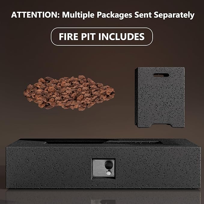 COSIEST 56" Rectangular Outdoor Propane Fire Pit Coffee Table w Concrete Rectangle Base, CSA Certified, 50,000 BTU, Free Lava Rocks and RainCover, Fits 20lb Tank Outside,Tank Cover, Gray