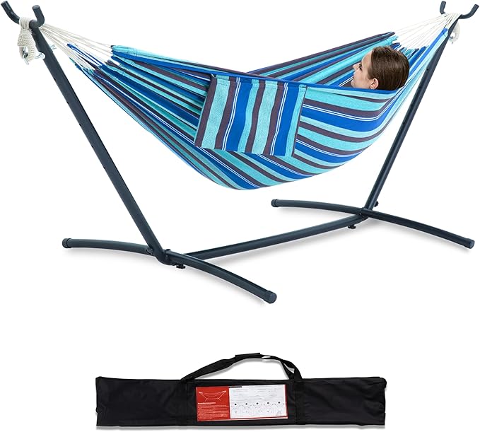PNAEUT Double Hammocks with Stand for Outside, Portable Space Saving Heavy-Duty Steel Stand for Indoor Outdoor Patio with Carrying Bag, 450 lbs Capacity (Blue Lagoon)