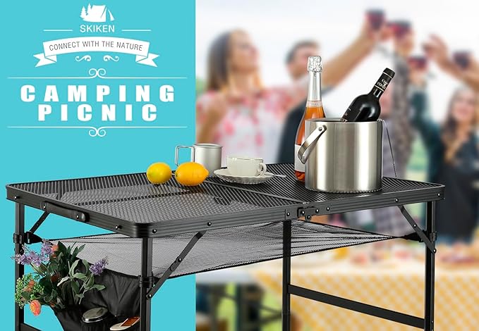 Folding Metal Camping Table with Mesh Layer, Portable & Lightweight Grill Table for Outdoor, 2 Adjustable Heights, Metal Mesh Tabletop for Camping Cooking, Medium Size (2.95 FT, Black)