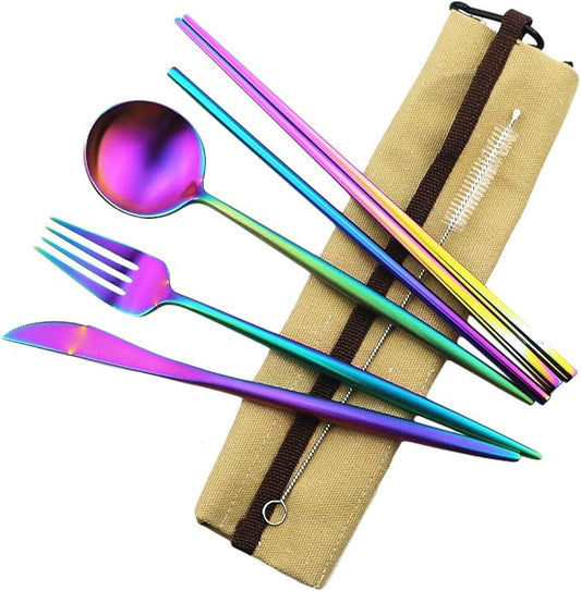Gugrida Reusable Travel Utensils, 7 Piece Portable 304 Stainless Steel including Knife Fork Spoon Chopsticks Cleaning Brush Straws Portable Pouch, Eco-friendly Camping Silverware Set, Dishwasher Safe
