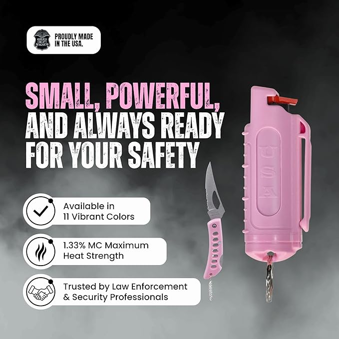 Police Magnum Belt Clip Pepper Spray Combo Safety Kit- Maximum Heat Strength OC with Pink Pocket Knife Self Defense- Made in The USA- 1 Pack Soft Pink H.S & PNK KNF
