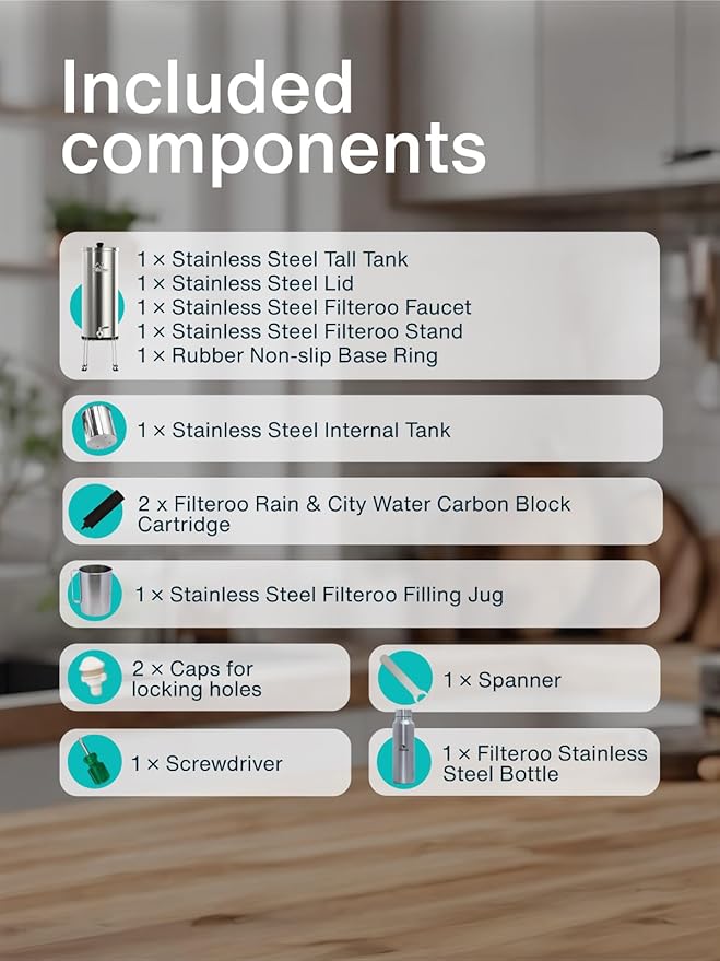 Filteroo® Superoo Countertop Gravity Water Filter System - 3.17 Gal/12L | 304 Stainless Steel | 2 Carbon Filters | NSF/ANSI Tested Gravity-Fed Water Purifier | Remove Bacterias & Heavy Metals