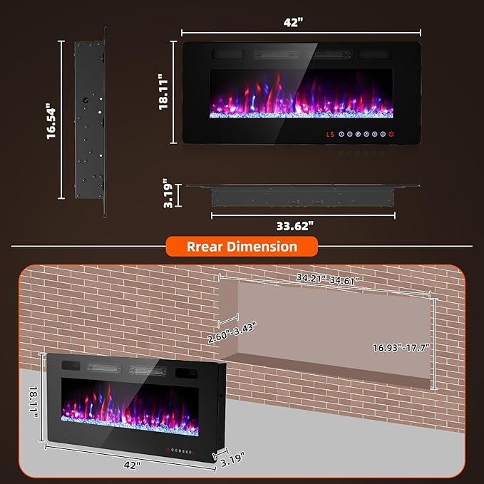 BREEZEHEAT 42 Inch Ultra Thin Electric Fireplace-Freestanding or Recessed Wall Mounted Fireplace Heater, Remote Control, Touch Screen, 750W/1500W, 8H Timer for Living Room, Bedroom, Office