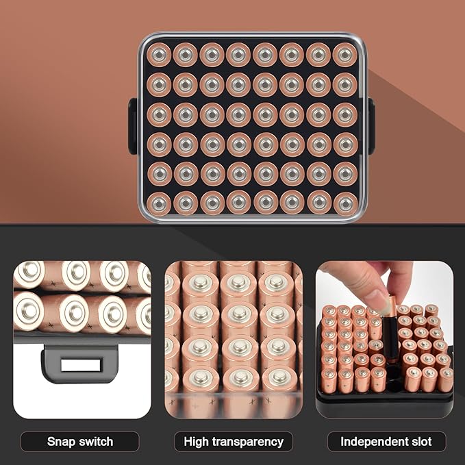 ALCYON Battery Organizer Storage Case, Battery Vault Box Container for 48pcs AAA Batteries, Plastic Clear Protective Battery Holder for Travelling/Home/Office (Black, Small)