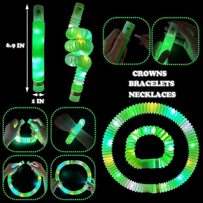 Green Glow Sticks Party Favors for Kids 24 PCS,LED Light up Pop Tubes for Toddlers, Neon Necklaces Bracelets Accessories, Glow Birthday Wedding Dance Party Supplies Camping Toys Decorations