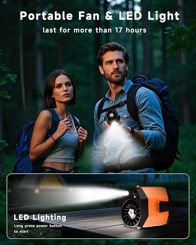 2025 Smart Portable Rechargeable Fan with LED Light & 25H Runtime, 4-Speed 9200RPM Turbo Cooling Personal Waist Fan, Wearable Neck & Belt Clip for Camping, Outdoor, Hiking - Orange