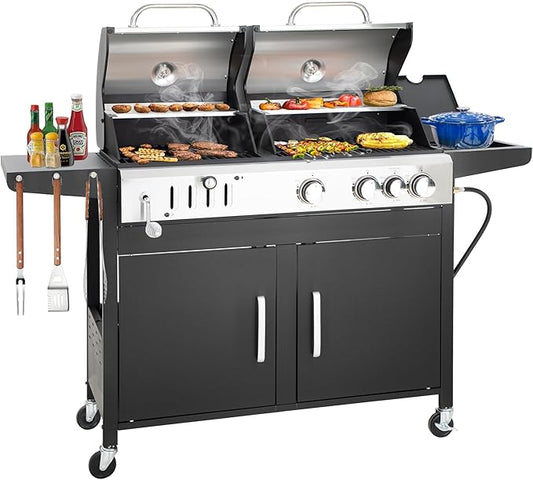 3 Burner Propane Gas and Charcoal Grill Combo with Side Burner & Porcelain-Enameled Cast Iron Grates, 37,000 BTUs 685 SQIN Dual Fuel Outdoor BBQ Grill for Patio Garden Picnic Backyard Barbecue Cooking