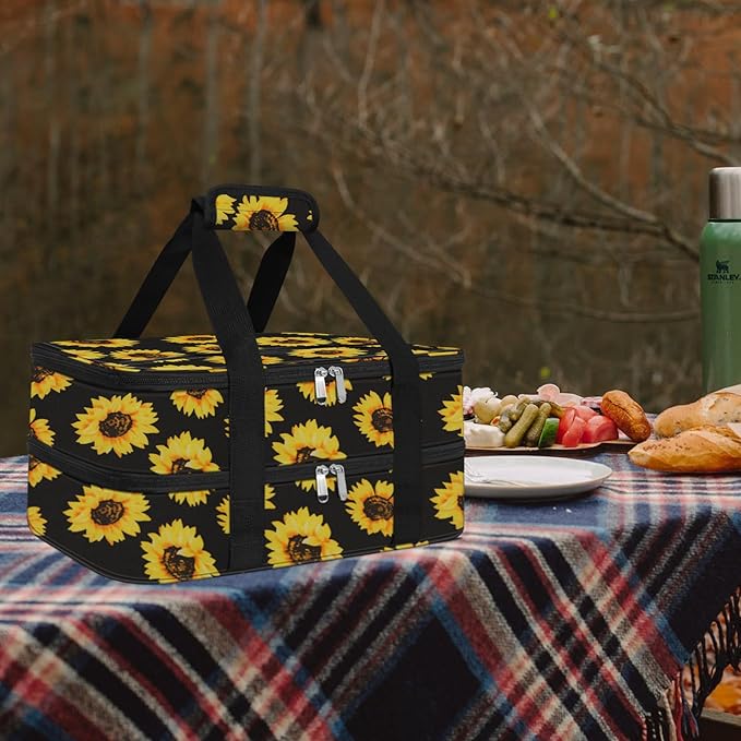 esouler Double Insulated Casserole Carrier Bag Hot & Cold Food Carrier Bag Lasagna Holder Lunch Bag for Picnics, Parties, Travel, Fits 9 x 13 Inches Casserole Dish-Sunflower