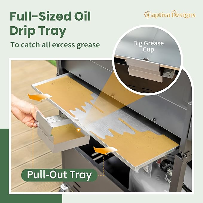 Captiva Designs 4-Burner Propane Gas BBQ Grill with Side Burner & Porcelain-Enameled Cast Iron Grates, 42,000 BTU Output Barbeque Grill for Outdoor Cooking Kitchen and Patio Backyard Barbecue, Golden