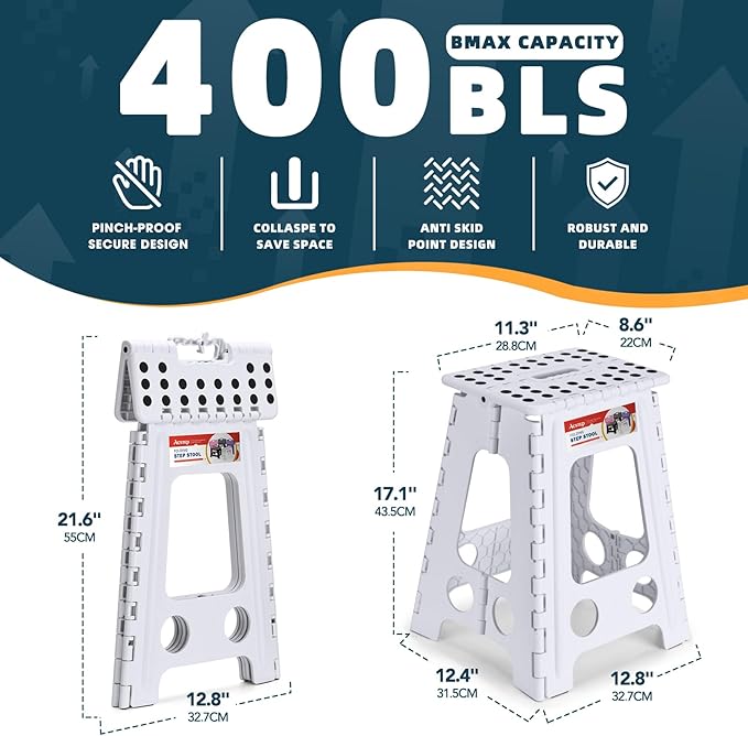 ACSTEP Folding Step Stool 17.5 Inch Heavy Duty Step Stool Foldable for Adults and Kids, Collapsible Stepping Stool with Handle, Non Slip Folding Stools for Kitchen Hold Up to 400lbs (White 1PC)