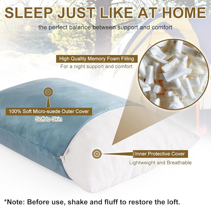 Ivellow Memory Foam Travel Pillow Compressible Camping Pillow for Sleeping Shredded Memory Foam Pillow Compact Firm Supportive Travel Pillow for Adults Kids Outdoor Hiking Essential Gear Blue-M