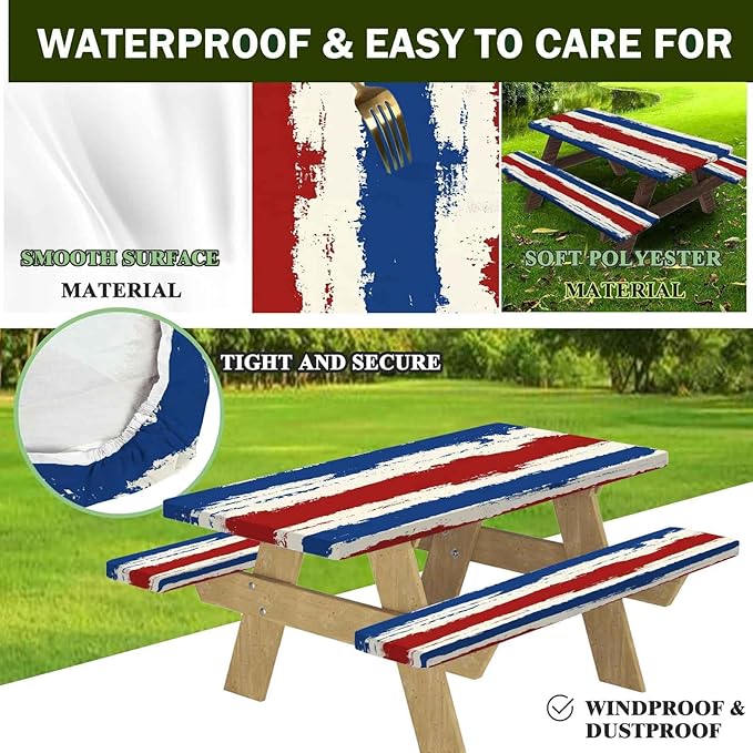 CAPSCEOLL Fitted Picnic Table Cover with Bench Covers with Elastic 8Ft Waterproof Camping Picnic Table Cover Cloths for Outdoors Camping Tablecloth with Drawstring Bag, 96X30in, Red Blue