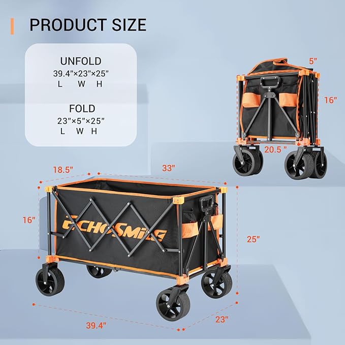 EchoSmile Collapsible Folding Wagon Cart 360lbs, Heavy Duty Garden Utility Cart with All Terrain Wheels, Large Capacity Outdoor Wagon for Camping, Beach, Shopping, Picnic (Black Orange)