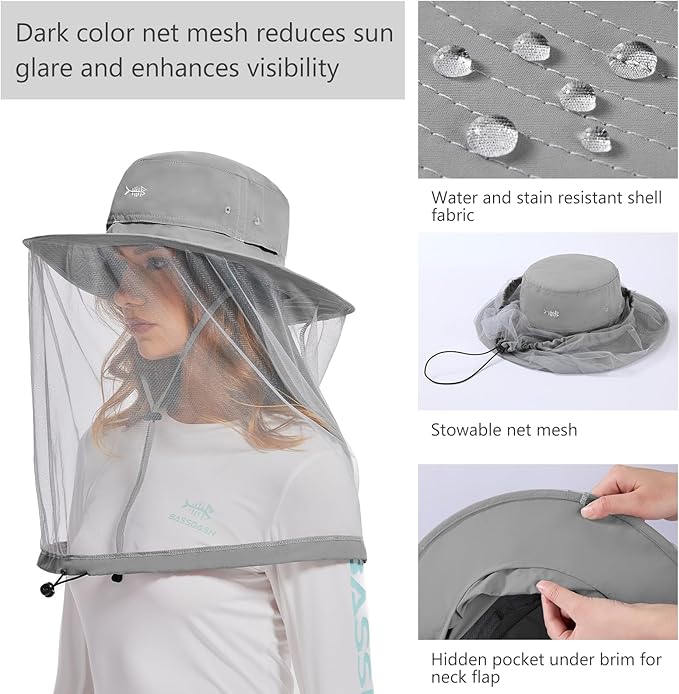 BASSDASH UPF 50+ Mosquito Net Hat with Stowable Neck Flap for Men Women Outdoor Fishing Hiking Camping Gardening FH17