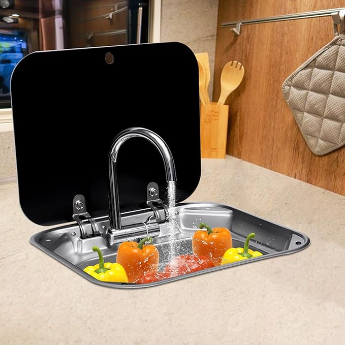 Folding RV Sink & Faucet Combo W/Lid, Bar Kitchen Sink 15 x 17 In Undermount Drop-in Sinks 304 Stainless Steel Single Bowl Workstation Sink Caravan Camper Van Boat Trailer Sink Hand Wash Basin