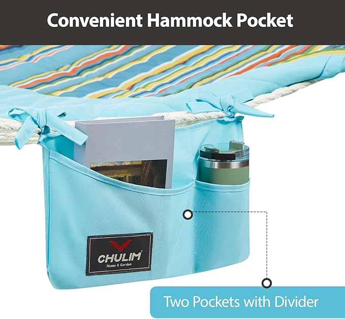 Outdoor Double Hammock with Hardwood Spreader Bars, Large Rope Hammock with Polyester Pad and Pillow, 475 LBS Capacity for 2 Person Patio Backyard Poolside - Bule Stripe