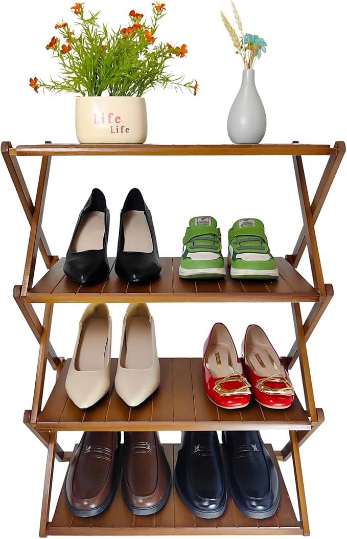Foldable Bamboo Shelf, Folding Shoe Rack, Flower Rack, Camping Rack, No Installation Required, Portable, Space Saving, Multi-Purpose Storage Rack (Walnut, 4 Tiers)