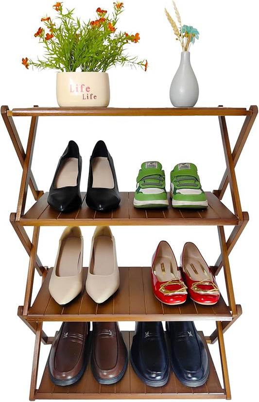 Foldable Bamboo Shelf, Folding Shoe Rack, Flower Rack, Camping Rack, No Installation Required, Portable, Space Saving, Multi-Purpose Storage Rack (Walnut, 4 Tiers)