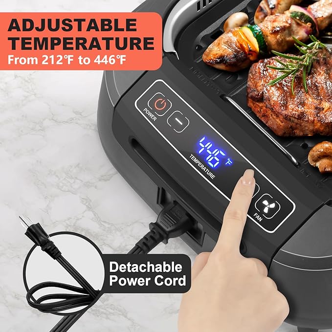 CUSIMAX Smokeless Grill, Electric Indoor Grill, 1500W Korean BBQ Grill with Non-stick Removable Grill/Griddle Plate, LED Smart Display & Tempered Glass Lid, Grey