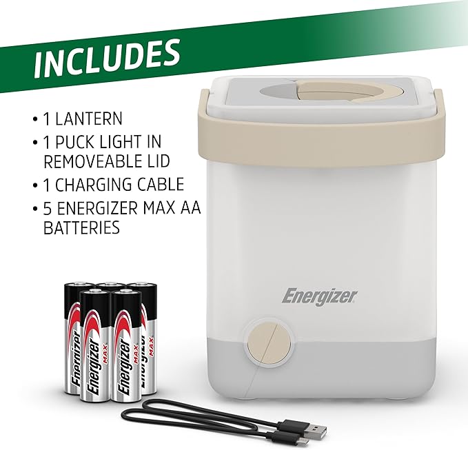 Energizer LightxPower Cube Camping Lantern, X1000 Lantern Dual Power Rechargeable and AA Battery, IPX4 Water Resistant