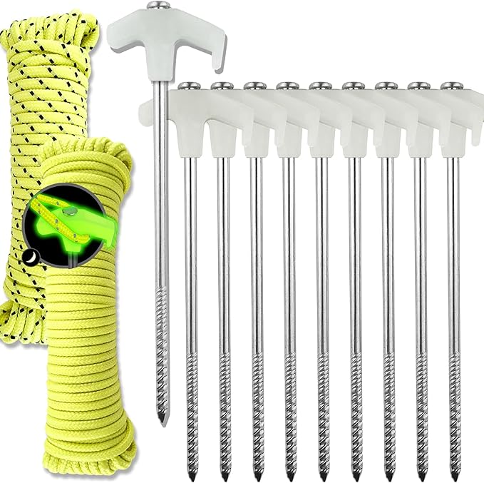 Wellmax 10PC Tent Stakes Heavy Duty with 2 Pack Glow in Dark Polypropylene Rope 3/16" x50ft and 1/4" x50ft