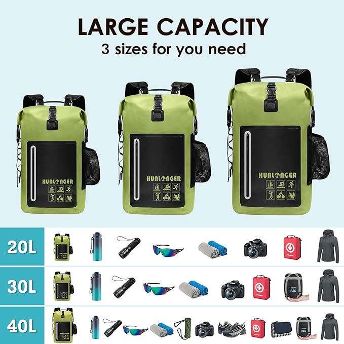 Dry Bag Backpack 20L/30L/40L- Roll Top Closure Bag - Heavy Duty Dry Bags Waterproof - Lightweight Durable Floating Dry Bag with IPX8 Waterproof Phone Case