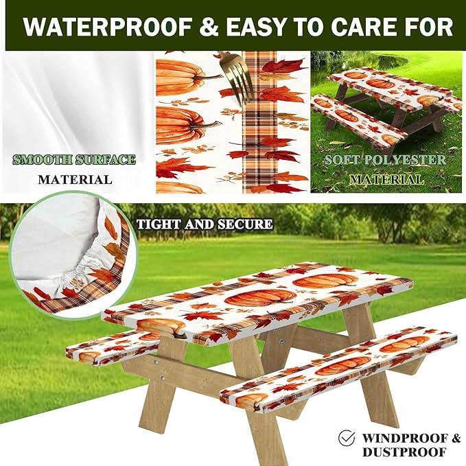 CAPSCEOLL Elastic Picnic Table Cover with Bench Covers 5Ft Waterproof Fitted Picnic Table Cover Cloths for Outdoors Camping Tablecloth with Drawstring Bag, 60X30in, Pumpkins Leaf